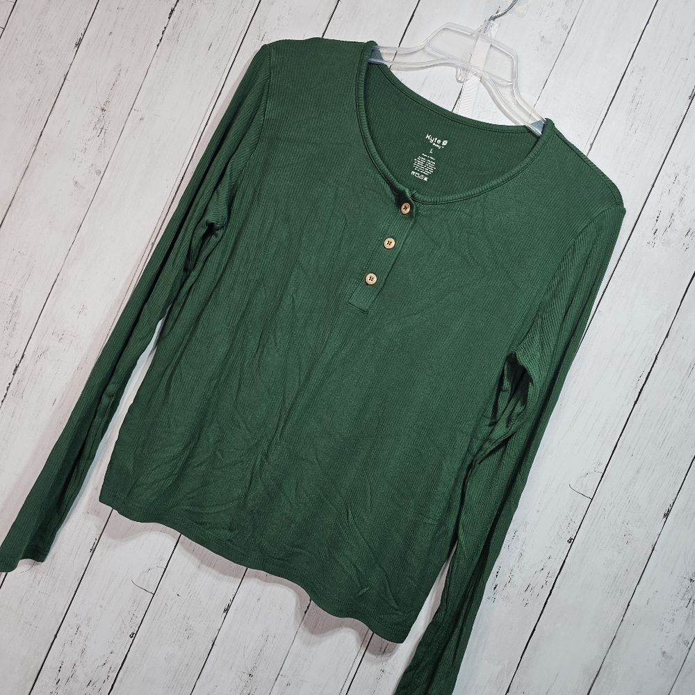 Kyte Baby Women's Green Ribbed Long Sleeve Bamboo Knit Blend Henley Size Large. - Picture 2 of 6